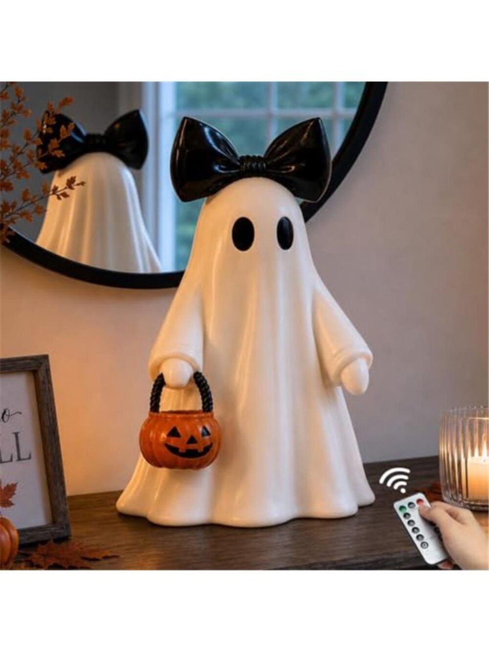 14 in Large Lighted White Ghost Figurine with Pumpkin Lantern&Remote Timer